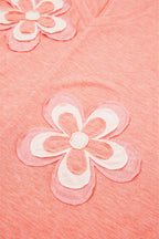 Fresh Salmon Floral Patched V Neck Long Sleeve Top