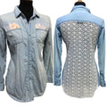 Hand Printed Upcycled Small Rose Flower Lacy Long Sleeve Denim Button Down Shirt
