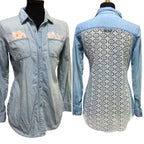 Hand Printed Upcycled Small Rose Flower Lacy Long Sleeve Denim Button Down Shirt