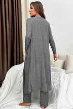 Delicacy 3pcs V Neck T Shirt Ribbon Knot Pants Open Duster 3pcs Lounge Set