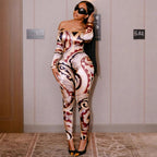 Sexy Print Off-shoulder Cinched Bodycon One-piece Trousers