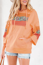 Grapefruit Orange Plaid Floral Patchwork Kangaroo Pocket Hooded Long Sleeve Top