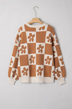 Black Flower Plaid Henley Baggy Sweater