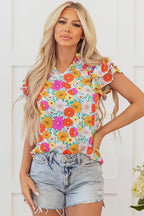 Yellow Floral Print Shirred Tiered Ruffled Sleeve Blouse