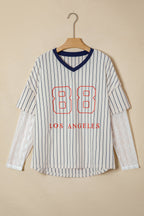 Blue Stripe 88 LOS ANGEL Graphic Lace Patchwork Faux Two Piece V Neck Top
