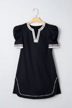 Black Leopard Trim Notched Neck Short Puff Sleeve Shift Mini Dress