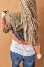 Multicolor Zipped Front Colorblock Hollow-out Knit Hoodie