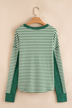 Khaki Stripe Thermal Knit Drop Shoulder Casual Top