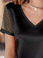 Polka Dot Mesh Sleeve Satin Short Sleeve Top