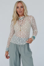 White Sheer Floral Lace Long Sleeve Slim Fit Top