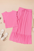 Bonbon Textured Ruffle Trim Crop Top and Drawstring Skirt Set