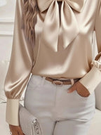 Satin Bow Tie Long Sleeve Top