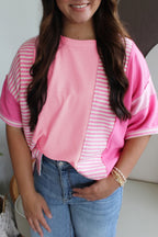 Pink Stripe Waffle Patchwork Loose T-Shirt