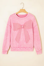 Orchid Bouquet Mineral Wash Waffle Bow Patched Pullover Sweatshirt