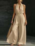 Women’s V-Neck Halter Neck Wide-Leg Jumpsuit