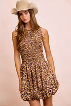 BiBi Leopard Bow Tie Attachable Puff Sleeves Dress