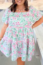 White Floral Print Ric-rac Trim Square Neck Plus Size Mini Dress