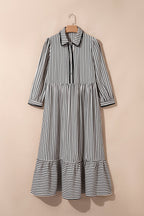 Black Stripe Scallop Trim Shirt Collar Half Button 3/4 Sleeve Long Dress