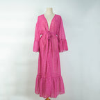 Rose Red White Dot Mid-Length Chiffon Cardigan Beach Jacket Swimsuit Outwear Bikini Sun Protective Blouse