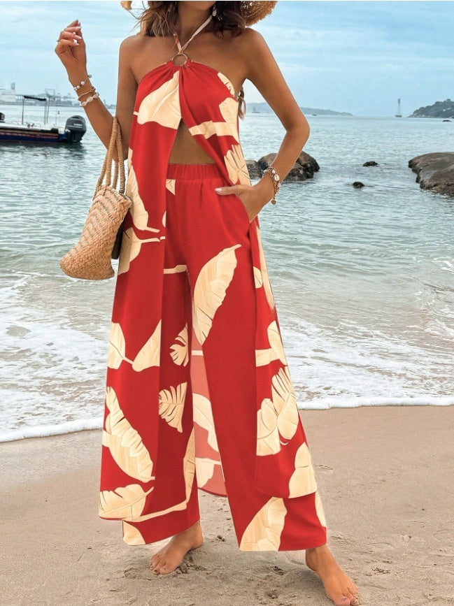 Printed Halterneck Slit Top & Wide-Leg Pants Resort Set | 13 Prints