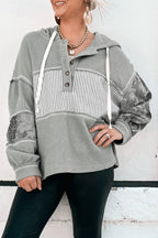 White Waffle Printed Patchwork Drawstring Hooded Long Sleeve Top