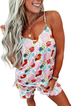 Multicolour Floral V Neck Cami Top and Ruffled Shorts Lounge Set