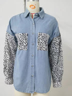 Leopard Patchwork Button Up Denim Shirt