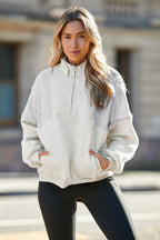 Black Half Zip Stand Collar Exposed Seam Solid Color Casual Sweatshirt
