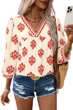 Green Damask Floral Print Contrast V Neck 3/4 Sleeve Blouse