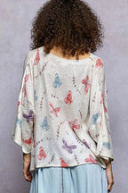 POL Butterflies Pattern Round Neck knit Top with Outseam Rolling Edge