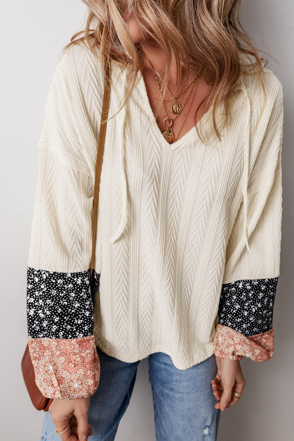 Dusty Pink Floral Patchwork Textured Knit Drawstring V Neck Blouse