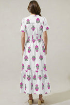 Green Floral Print Split Neck Shirred High Waist Ruffle Hem Maxi Dress