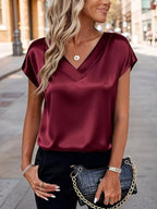Satin V-Neck Short Sleeve Blouse