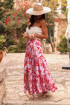 Blue Bohemian Floral Print Tiered Maxi Skirt with Split