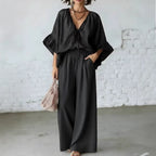 Women's Loose-Fit V-Neck Top & Wide-Leg Pants Two-Piece Set