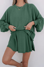 Jet Stream Corded Lantern Sleeve Top High Waist Ruffled Mini Skirt Set