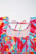 Rose Abstract Printed Puff Sleeve Square Neck Smocked Bust Tied Back Plus Size Dress