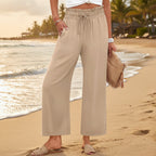 Women's Wide-Leg Cropped Pants with Lace Trim & Pockets