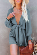 Gray Knot Front Casual Shirred Cuffs Puff Sleeve Romper