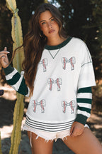 White Stripe Bowknot Patched Pattern Contrast Stitching Pullover Trendy Sweatshirt