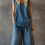 Women's V-Neck Sleeveless Loose Top & Wide-Leg Shorts Set