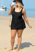 Black Solid Color Square Neck Knotted Plus Size One Piece Swimsuit
