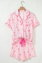Pink Bow Print Contrast Pipping Short Pajamas Set