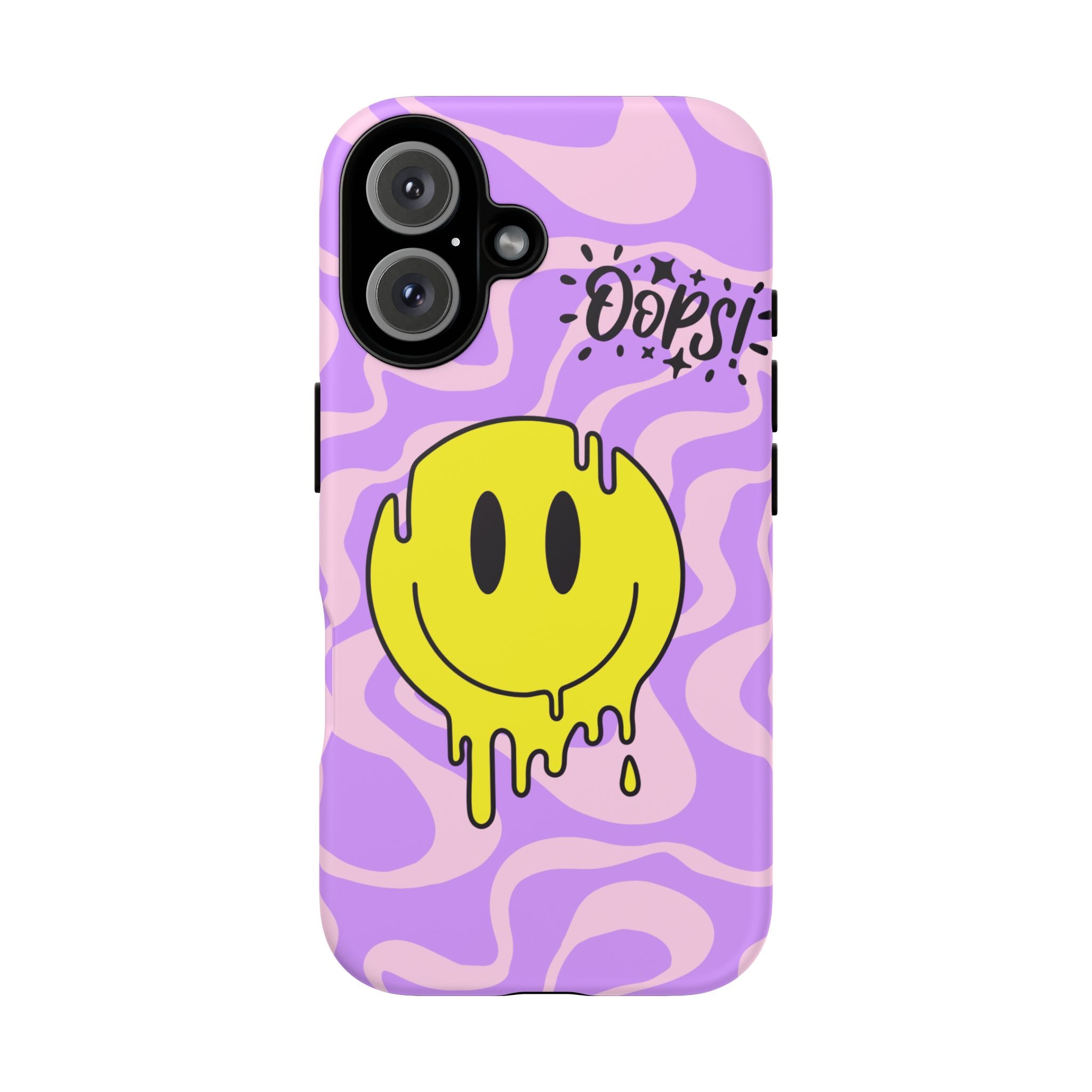 Phone Case Dripping Yellow Smiley on Purple Swirl "Oops!" Design