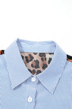 Sky Blue Stripe Contrasted Varsity Stripe Leopard Patchwork Button Down Shirt