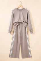 Gray Morn Varsity Striped Detail Crewneck Pullover Elastic Sweatpants 2pcs Outfit