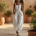 Women's Sleeveless Wide-Leg Jumpsuit – Knit, Low Waist, Flare Pants