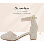 Laurmosa Girl Size 3 Gold Glitter Ankle Strap Low 2" Heel Closed Toe Dress Shoes
