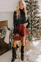 Black Sequin Mock Neck Drape Open Back Bell Sleeve Top