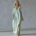 Women's Lace-Trim Loose A-Line Dress – Three-Quarter Sleeve Maxi